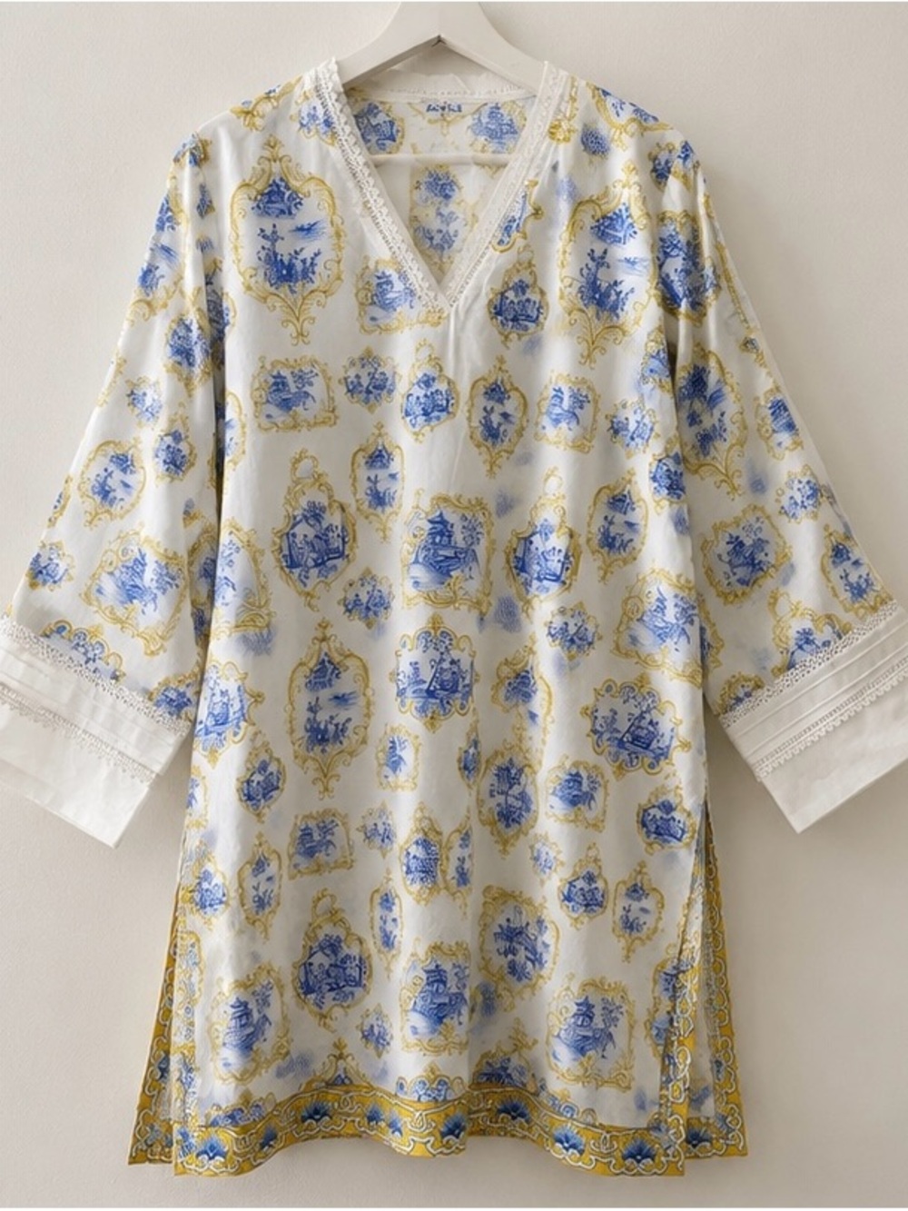 Maria B Women’s Tunic Top Blue Gold Print V-Neck 3/4 Sleeve Boho Pakistani Style